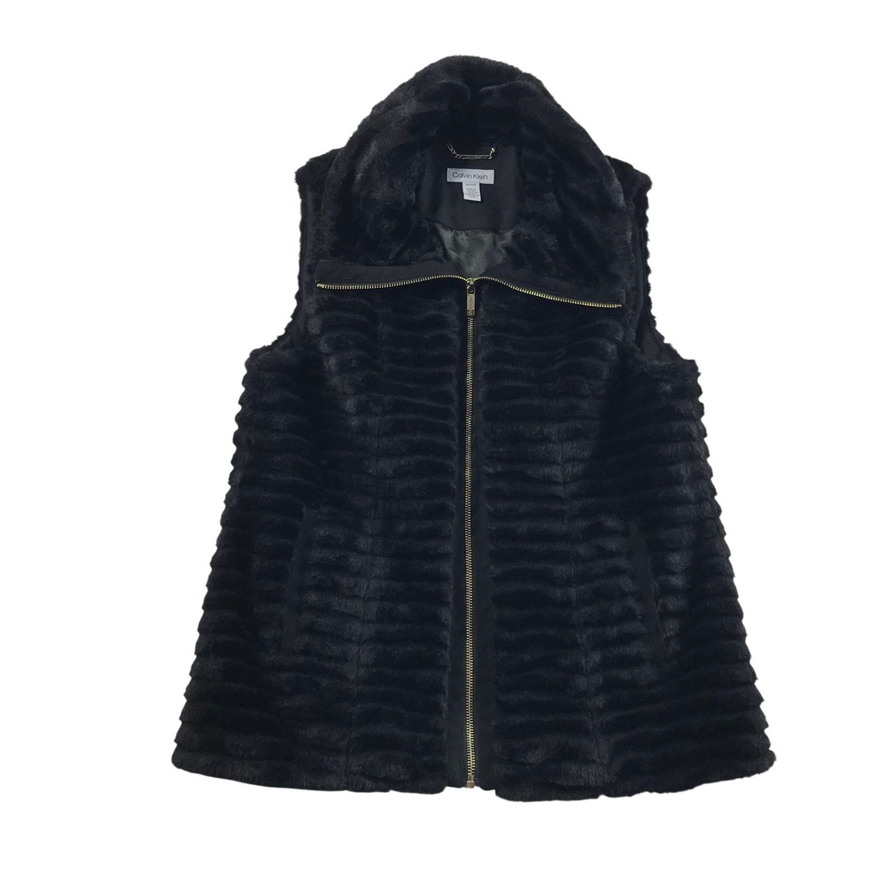 Calvin Klein Black Ribbed Faux Fur Full Zip Vest Gold Hardware Small CKJTG0067